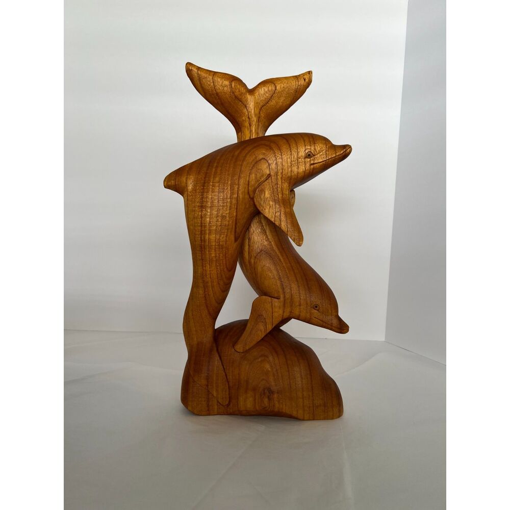 Hand Carved Wood Statue 2 Dolphins Coastal Beach Ocean Nature Art